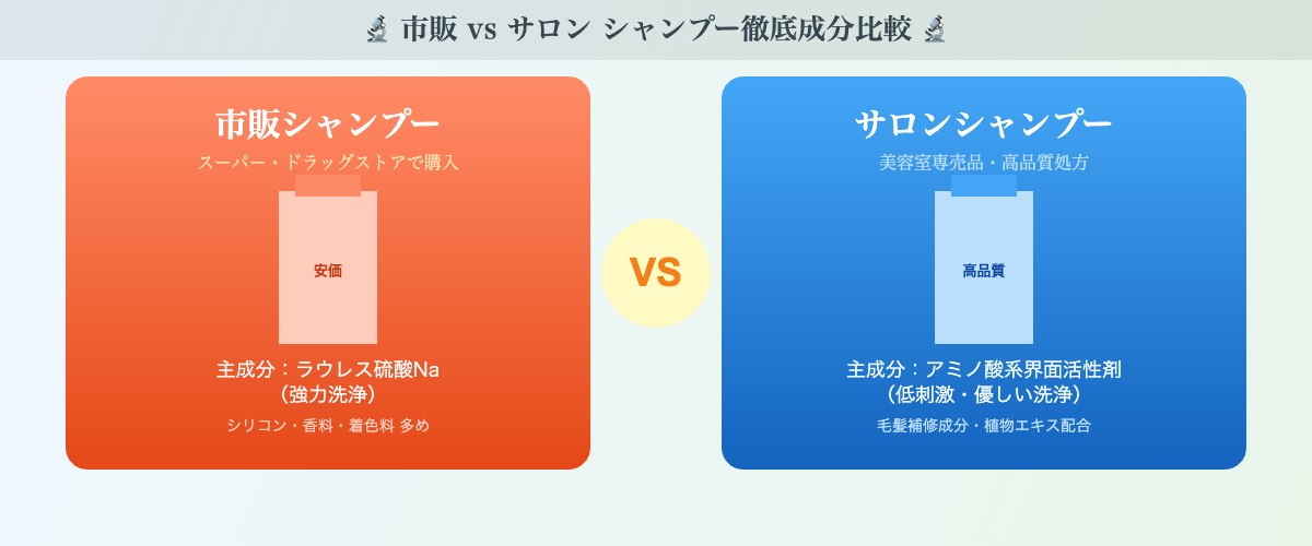 市販シャンプーとサロンシャンプーの成分比較イラスト
